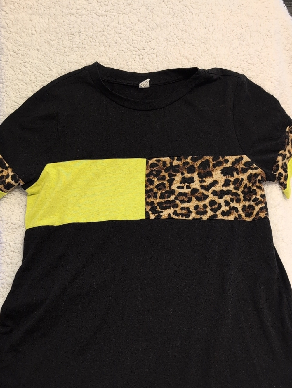 Black with Neon Yellow Color Block and Leopard Accent Tee-shirt Dress